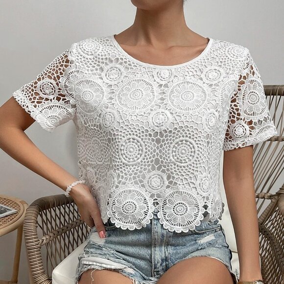 White vacay Womens Guipure Lace Insert Blouse - Picture 5 of 5